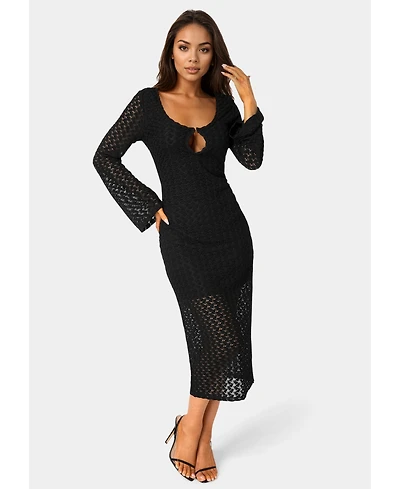 Bebe Women's Long Sleeve Cut Out Crochet Maxi Dress