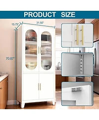 gaomon Freestanding Storage Cabinet: 70" Tall White Linen + Pantry + China Cabinet – Tempered Glass Doors, Heavy-Duty Adjustable Shelves