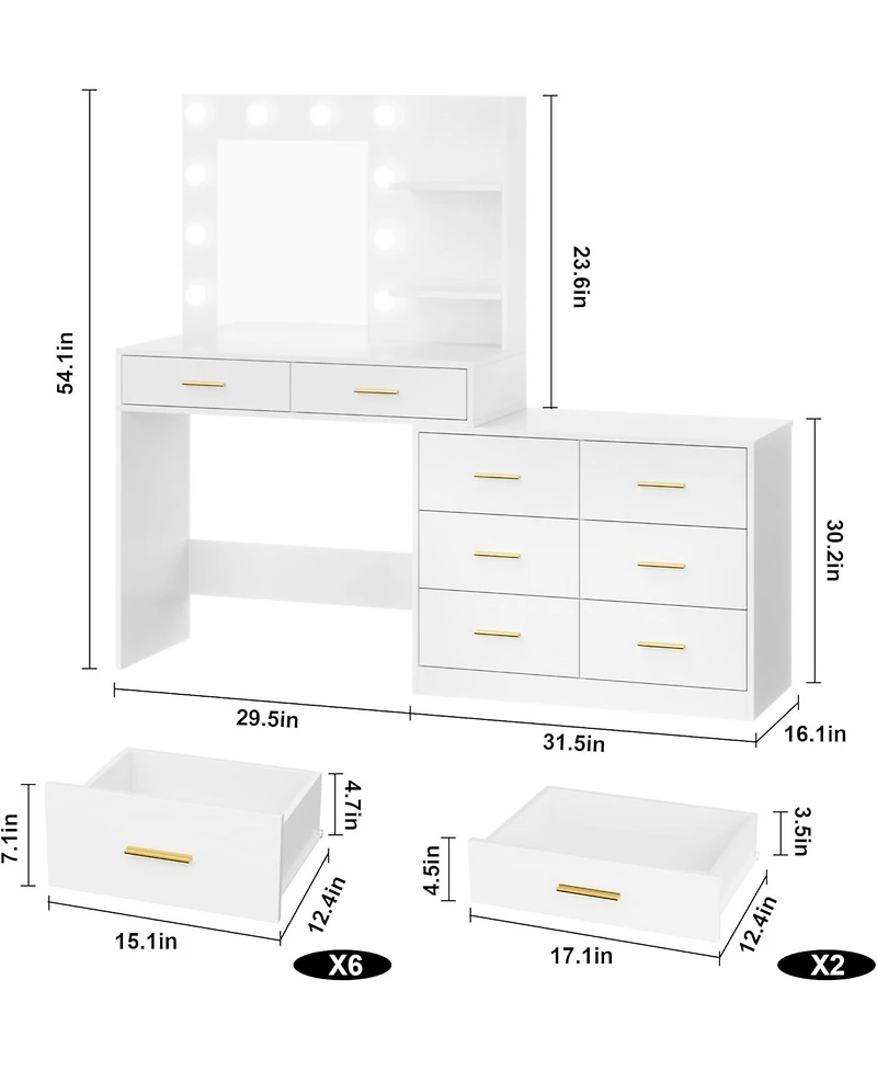 gaomon 61" Vanity Desk with Mirror & Lights - Makeup Vanity with 8 Wide Drawers, 2-Tier Shelves, 3 Dimmable Modes