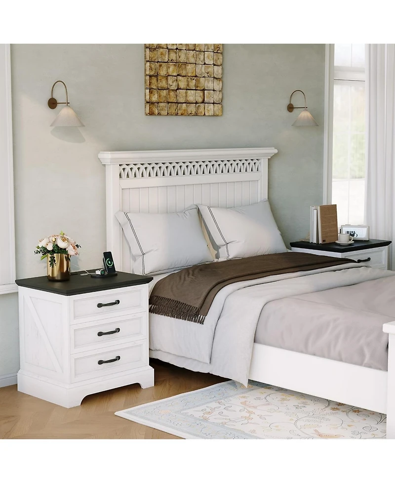 gaomon Modern Farmhouse Wood Nightstand with Charging Station & 3 Large Drawers
