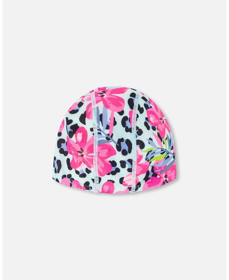 Deux par Deux Girl Swim Cap Blue Floral and Leopard Print - Toddler|Child