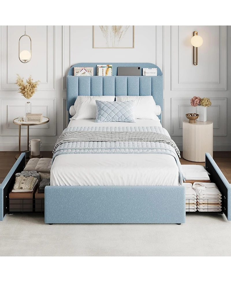 gaomon Twin Bed Frame with Storage Headboard, Kids 2 Drawers, Boucle Upholstered Platform Bookcase, No Box Spring Needed, Easy