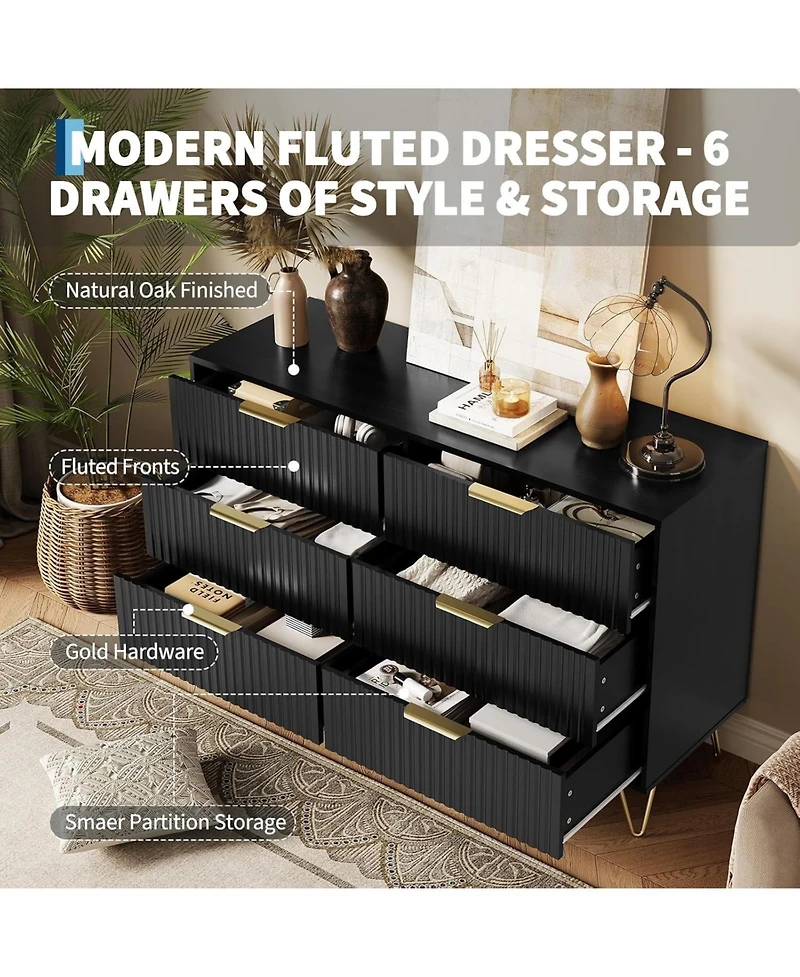 Gaomon 47'' fluted 6 drawer dresser, modern wooden chest with metal handles; wide clothes organizer for bedroom, closet, or Tv stand use