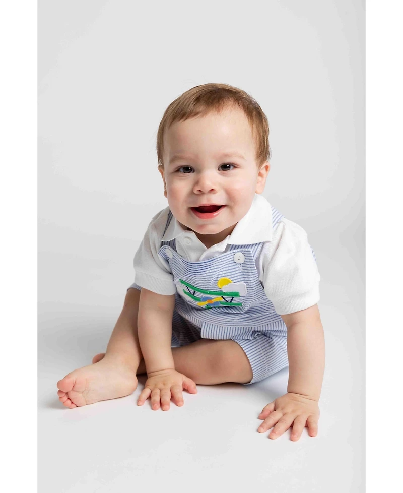 Florence Eiseman Baby Boy Seersucker Shortall With Airplane
