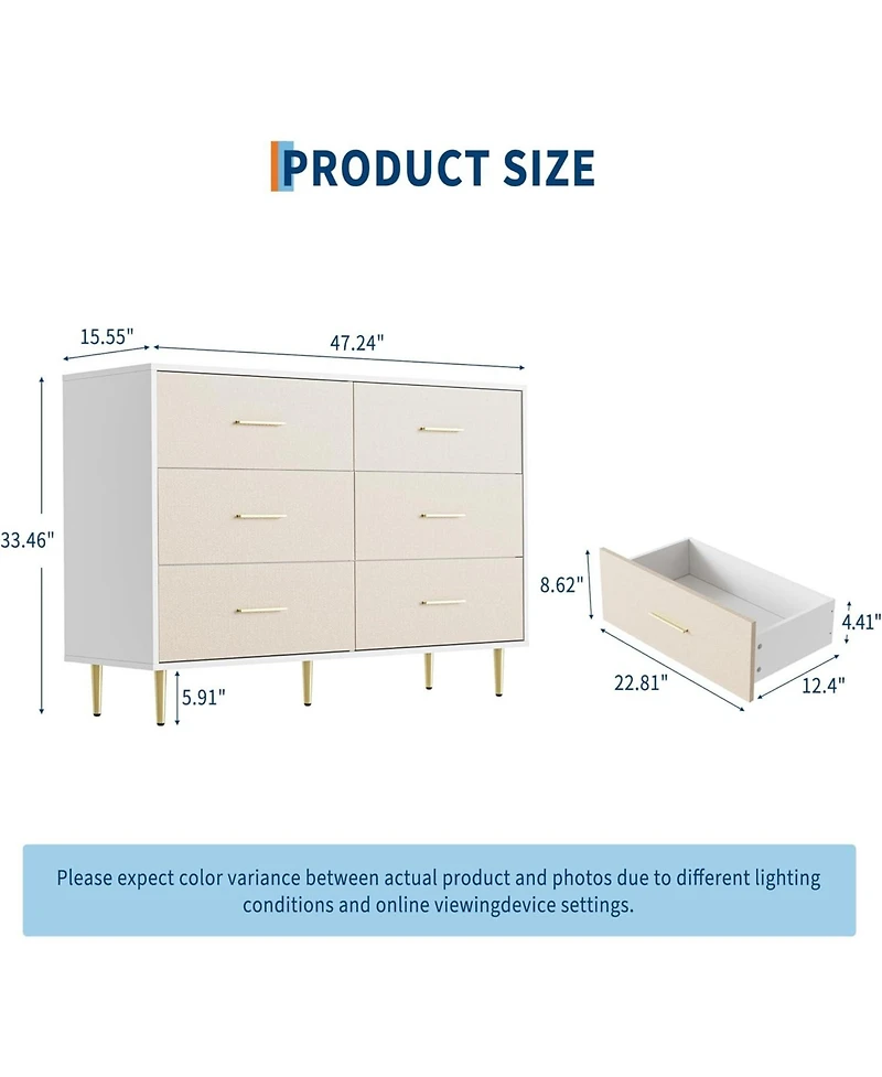 gaomon 6 Drawer Dresser, Modern White Chest of Drawers with Gold Metal Legs and Handles, Large Double Wooden Dresser for Bedroom