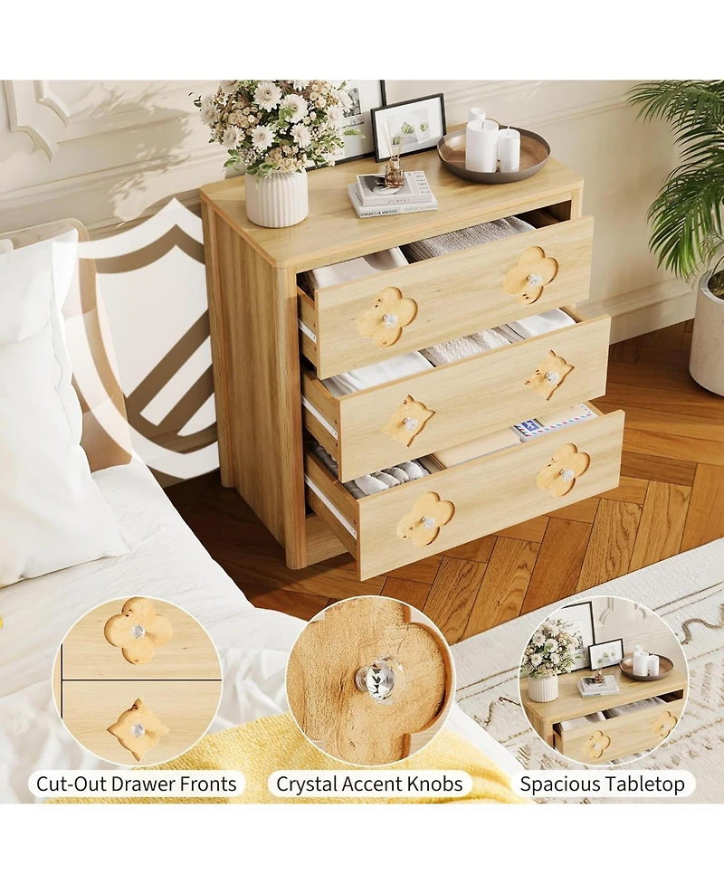 gaomon Oak 3 Drawer Tall Dresser with Decorative Boho Fronts, Bedroom Chest for Closet or Nightstand Use