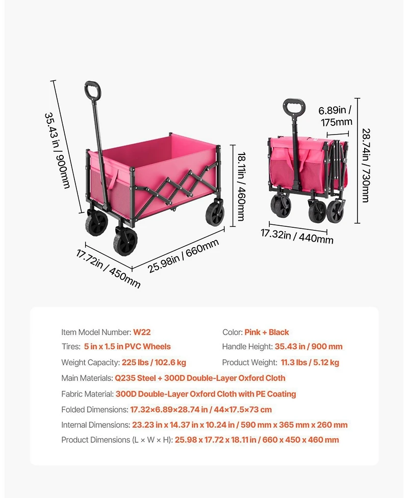Sugift 120L Pink & Black Folding Wagon with All-Terrain Wheels & Adjustable Handle