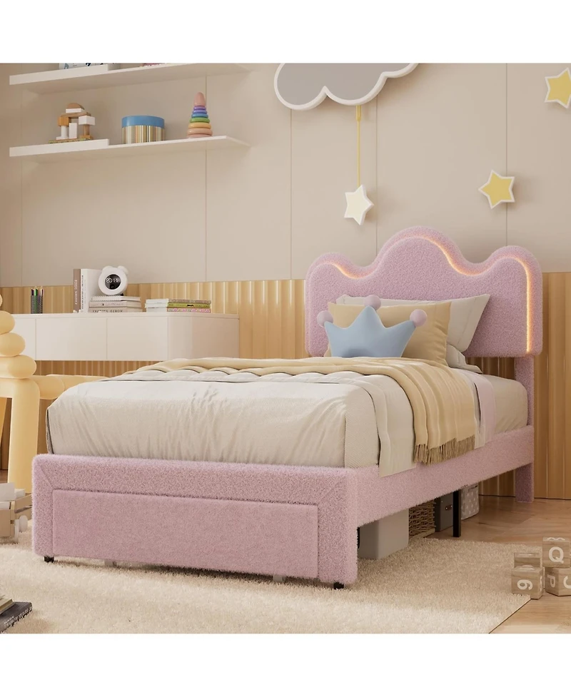 gaomon Twin Upholstered Led Bed Frame with Storage Drawers Girls Flower Headboard Boucle Princess Platform