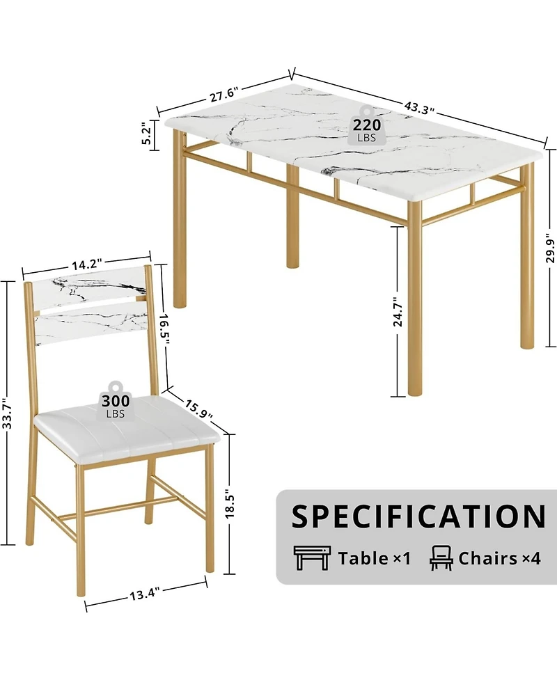 Ironck 27.6" W Dining Table Set for 4, Wood Kitchen Table with Upholstered Chairs, White & Gold