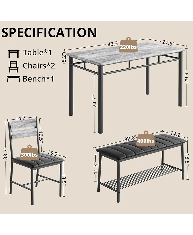 Ironck 43.3" W Dining Table Set for 4 with Upholstered Bench and 2 Chairs.