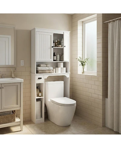 Homfan Over The Toilet Storage Cabinet, Bathroom Organizer, Space-Saving Farmhouse Toilet Shelf with Paper Holder