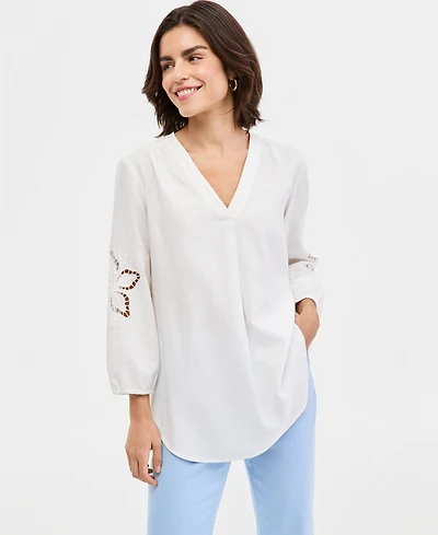 Jones New York Women's V-Neck Embroidered-Sleeve Linen-Blend Top