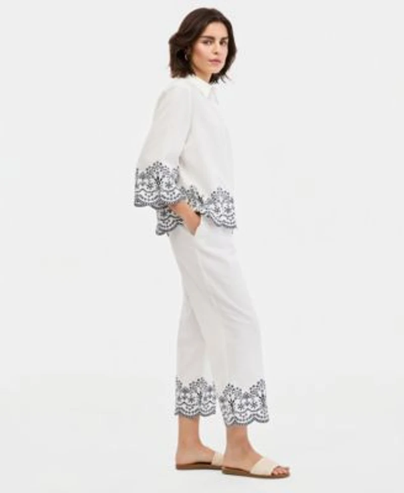 Jones New York Womens Embroidered Button Front Shirt Cropped Pull On Pants