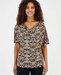 Jm Collection Petite Orchid Garden Cowl Neck Short-Sleeve Top, Macy's Exclusive