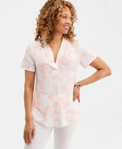 Jm Collection Womens Printed Short Sleeve V Neck Knit Top Macys Exclusive