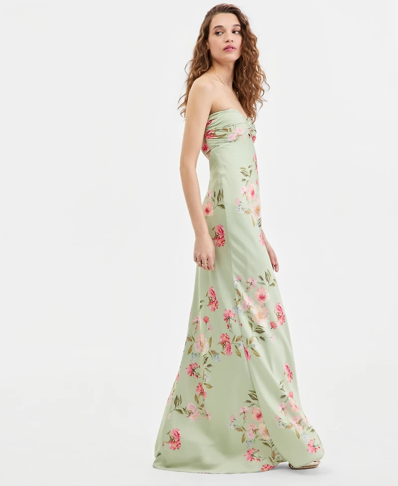 B Darlin Juniors' Floral Print Strapless Gown