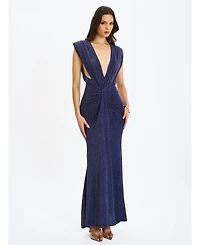 Miss Circle Women's Terri Navy Sparkle Plunging Backless Maxi Dress