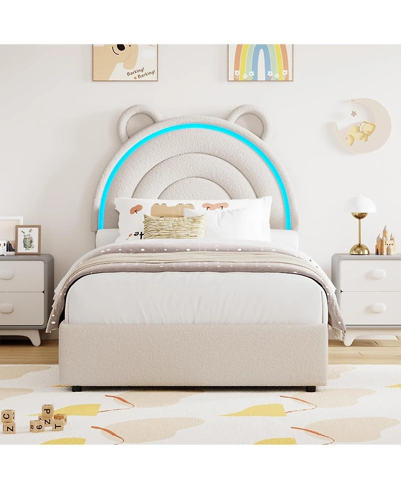 gaomon Twin Bed Frame with 4 Drawers & Led Lights, Velvet Upholstered Rainbow Headboard