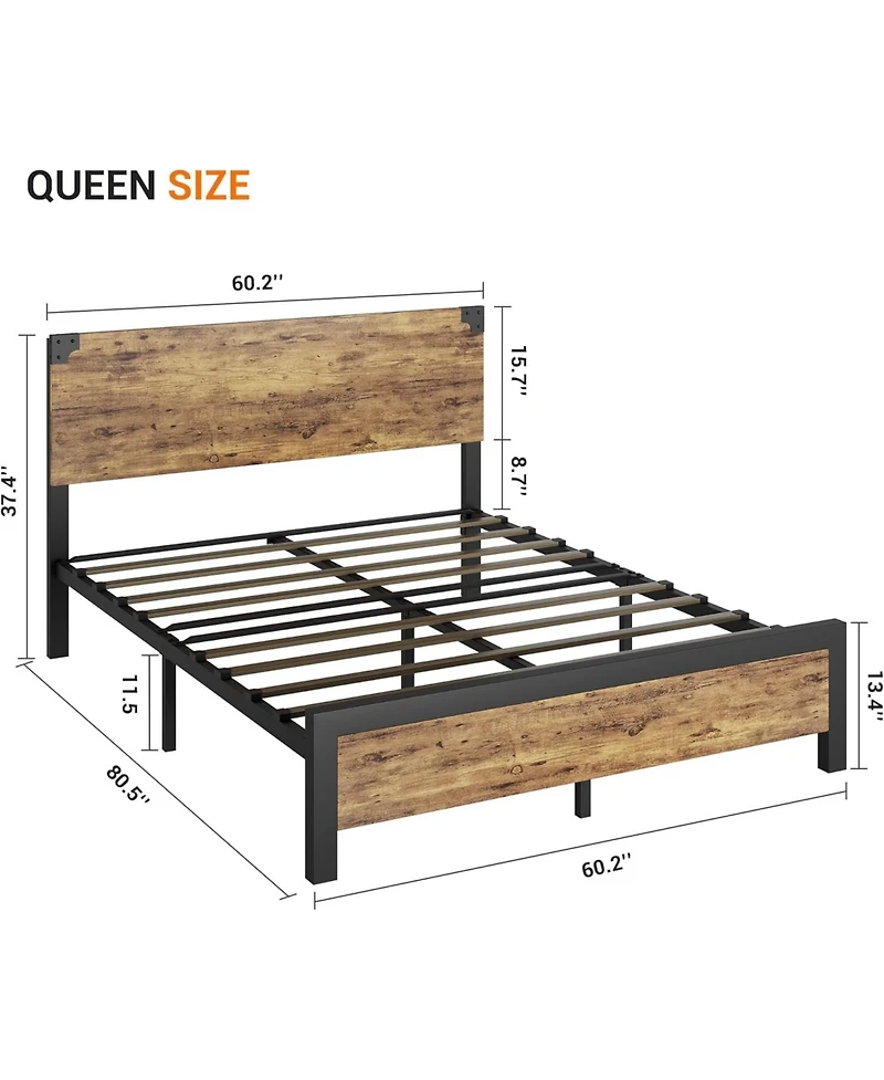 Gamon Rustic Brown Queen Size Platform Bed Frame with Wooden Headboard – Under-Bed Storage, No Box Spring Required, Easy Assembly