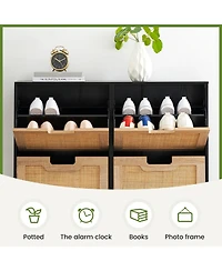 gaomon Rattan Shoe Storage Cabinet with 4 Flip Drawers, Freestanding Organizer Adjustable Shelves for Entryway, Narrow Farmhouse Slim Rack