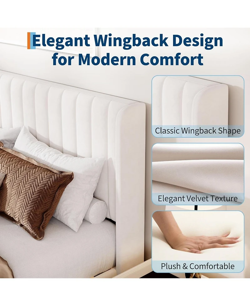 gaomon Full Velvet Bed Frame with Wingback Headboard, Wood Slats & No Box Spring Needed