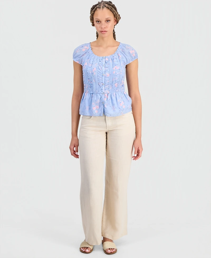 Lucky Brand Women's Round-Neck Ruched Button-Front Top