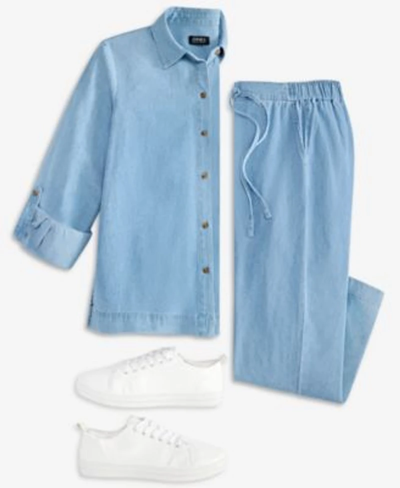 Jones New York Womens Long Sleeve Button Front Shirt Wide Leg Pants