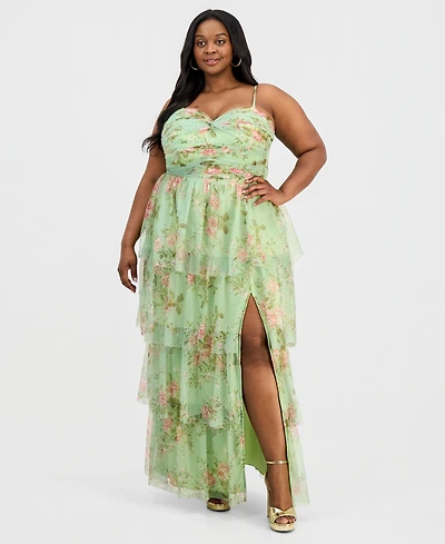 City Studios Trendy Plus Floral Mesh Tiered Gown