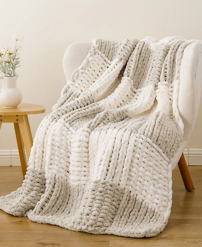 Battilo Home Color Blocked Thick Chenille Chunky Knit Throw, 50" x 60"