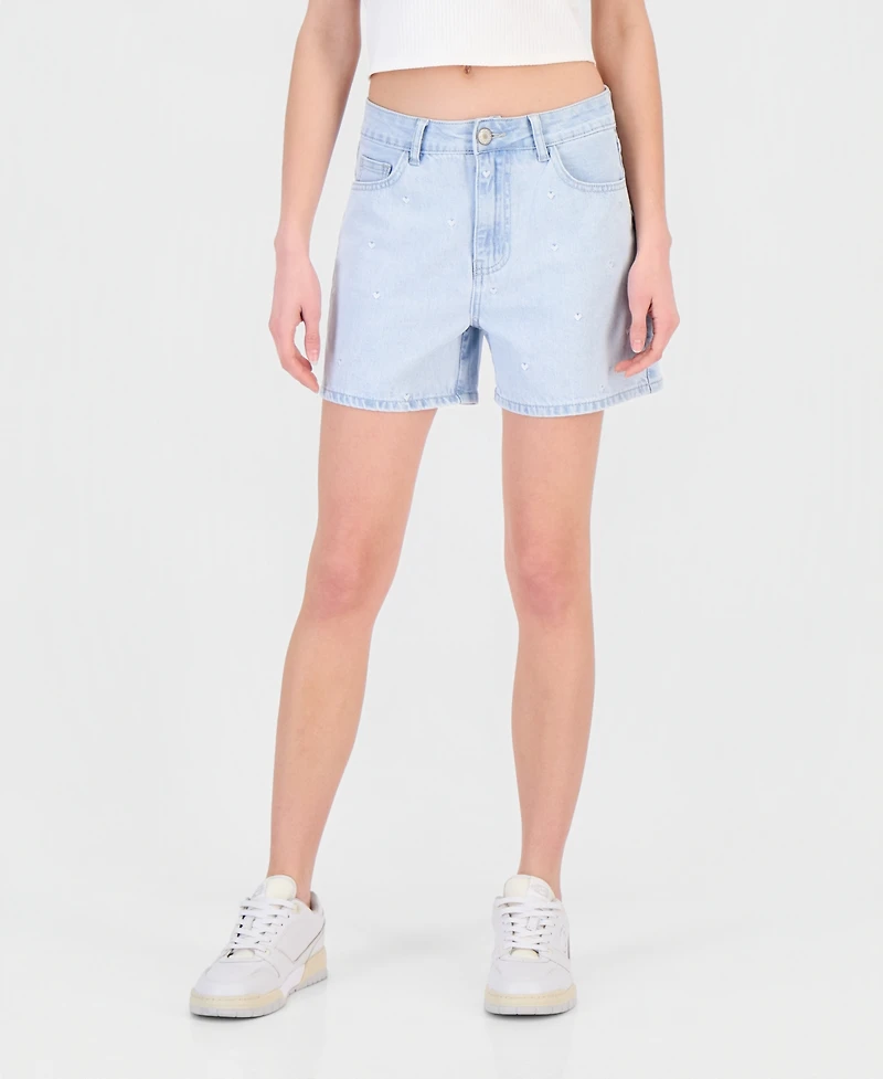 Gogo Jeans Juniors' Embroidered Hearts Denim Shorts