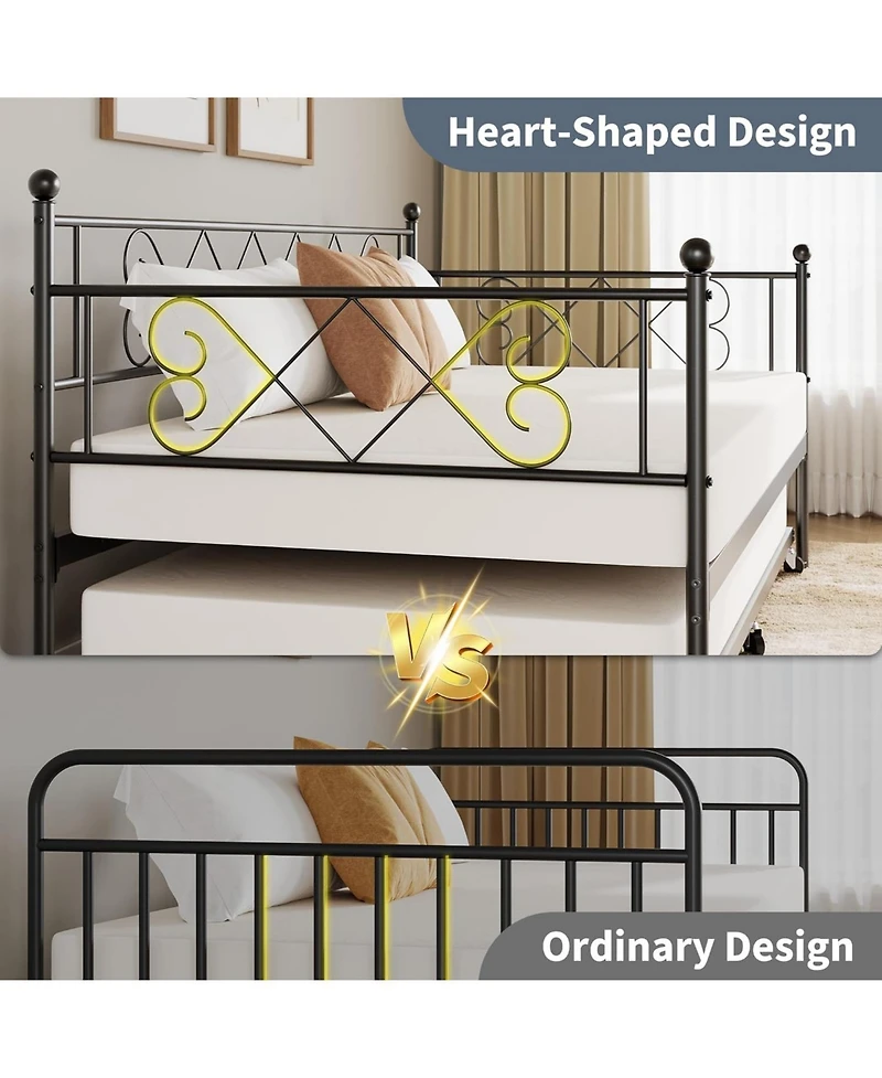 gaomon Daybed with Trundle, Twin Metal Bed Frame Heart-Shaped Headboard, Sturdy Steel Slat Support