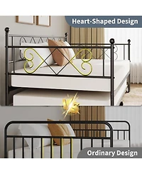 gaomon Daybed with Trundle, Twin Metal Bed Frame Heart-Shaped Headboard, Sturdy Steel Slat Support