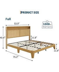 gaomon Rattan Bed Frame with Led Lights, Boho Wood Bed Frame with Storage Headboard & Charging Station, Silent Slats