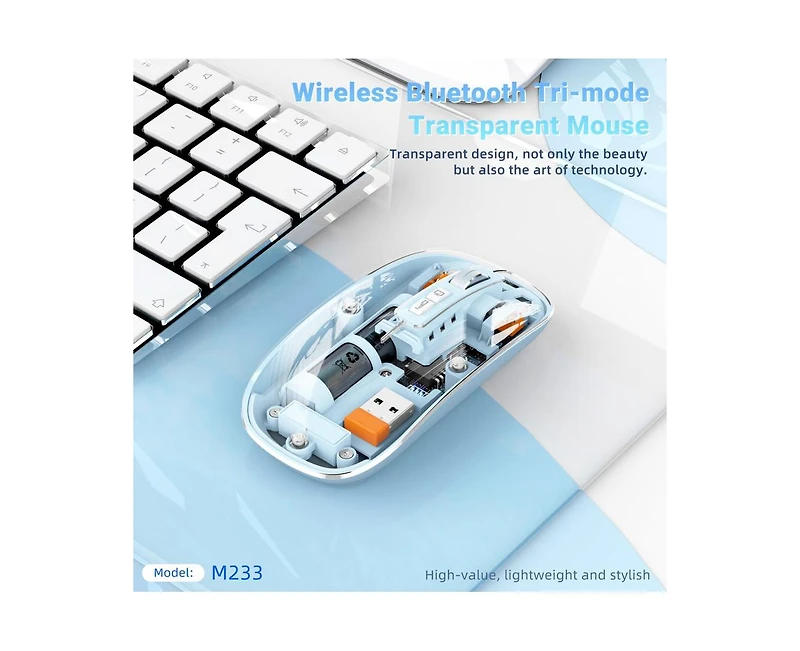 Risokeys Transparent Tri-Mode Wireless Mouse, 2.4G+BT5.1, Rechargeable Silent Office Mouse with 800/1200/1600 Dpi