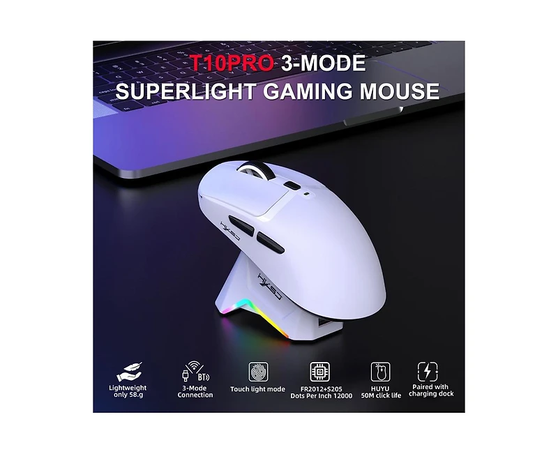 Risokeys Tri-Mode Wireless Gaming Mouse, Lightweight, 12000 Dpi Adjustable, Magnetic Rgb Charging Dock, BT5.3+2.4G+Wired, for Pc, Laptop, Mac