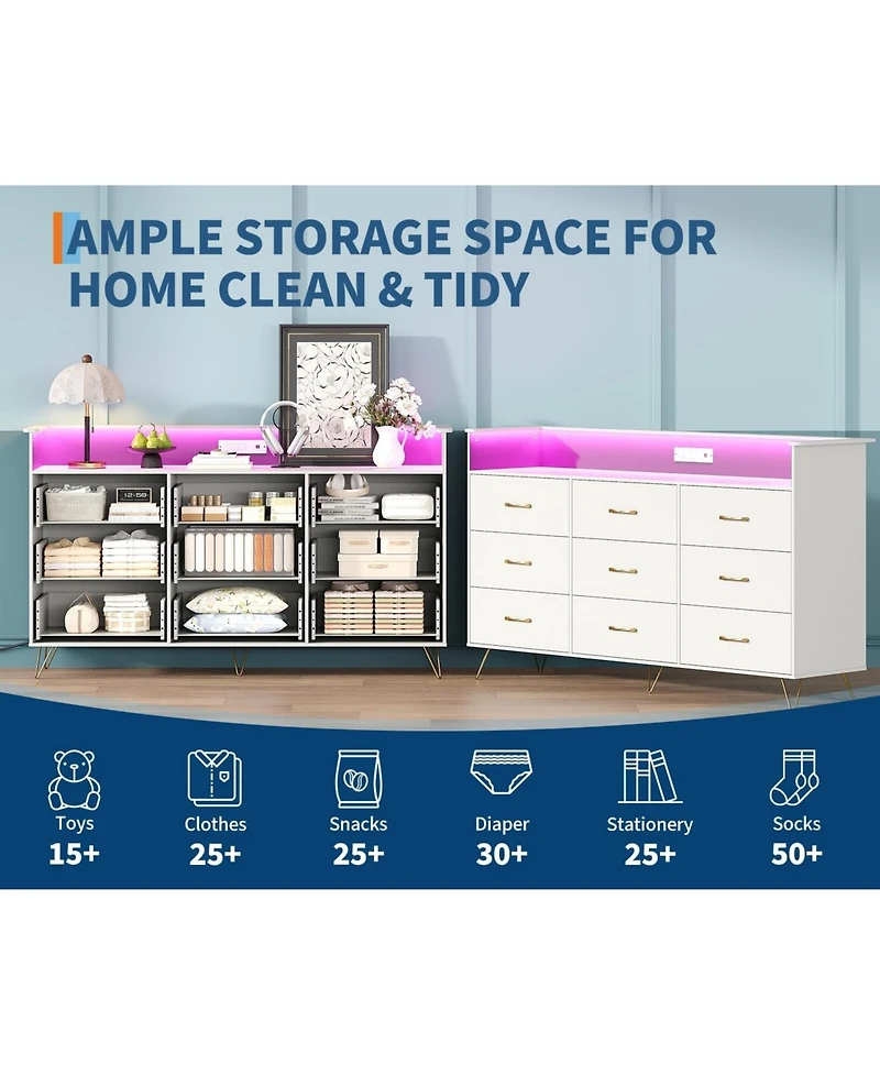 Gaomon 9 Drawer Wooden Dressers for Bedroom with Led Lights & Charging Station, Wood Chest of Drawers with App Control