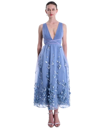 Marchesa Notte Women's V-Neck 3D Floral Midi Dress