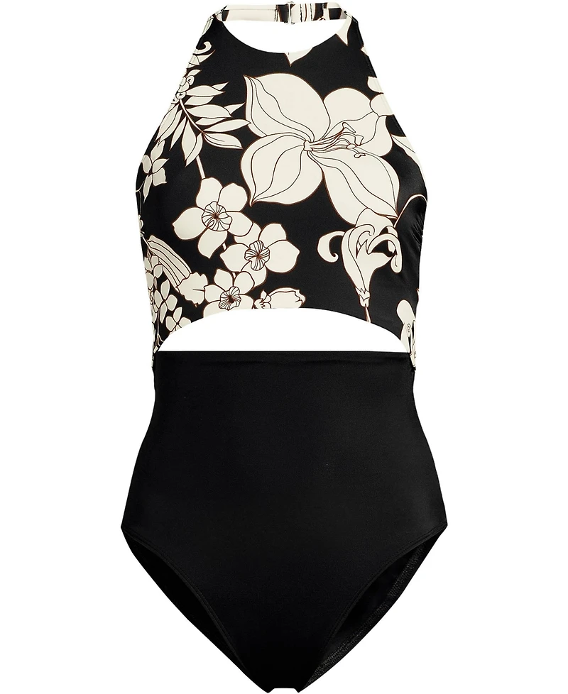 Lands' End Women's Long Torso Tugless Halter Monokini High Leg One Piece Swimsuit