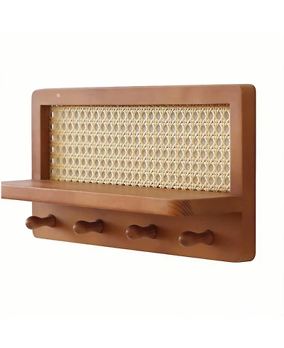 Yigii 4 Wood Key Hooks Pine Board Pe Rattan Grid Coat Rack Decor