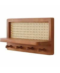 Yigii 4 Wood Key Hooks Pine Board Pe Rattan Grid Coat Rack Decor