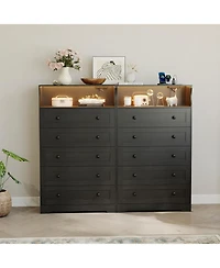 gaomon 5 Drawer Wooden Dresser for Bedroom Closet Bedside, Wood Chest of Drawers with Charging Station & Led Lights for Nursery Living Room