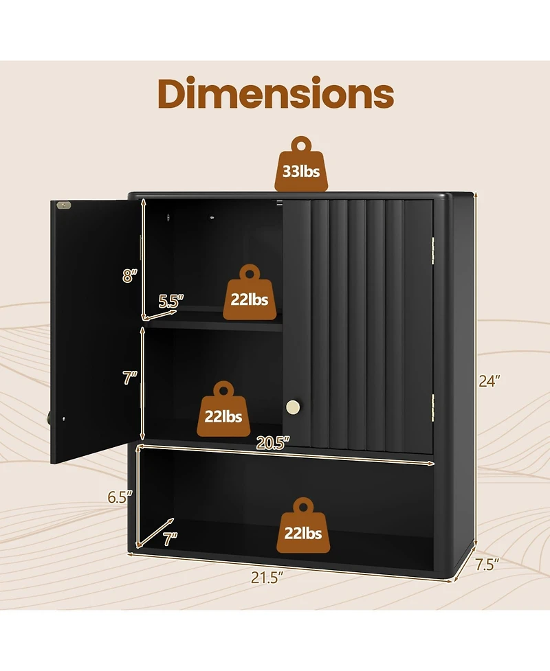 Volenca Fluted Wall-Mount Bathroom Cabinet with Open Shelf, Storage Organizer