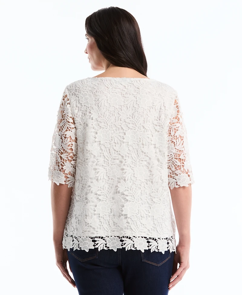 Rafaella Plus Scalloped Elbow-Sleeve Jewel Neck Lace Top
