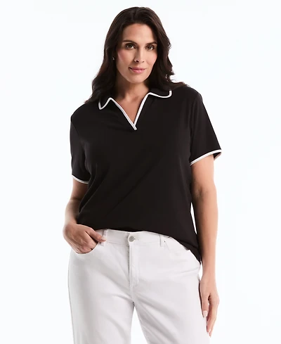 Rafaella Plus Contrast Trim Johnny Collar Polo T-Shirt