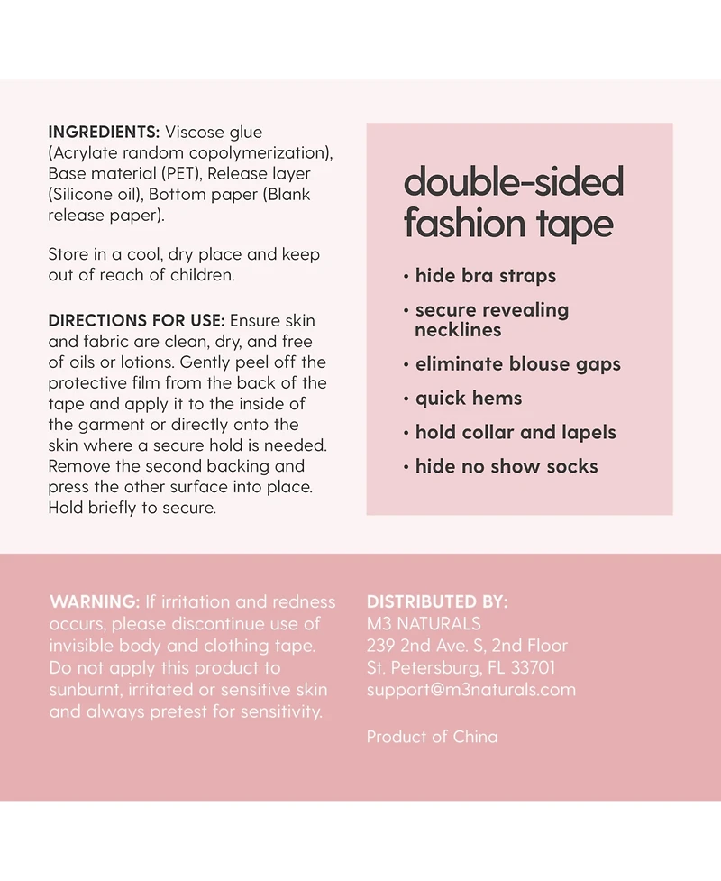 M3 Naturals Women's Invisible Double-Sided Fashion Tape | Clear Body & Clothing Tape Clothing Tape to Keep Clothes in Place| 100 Count