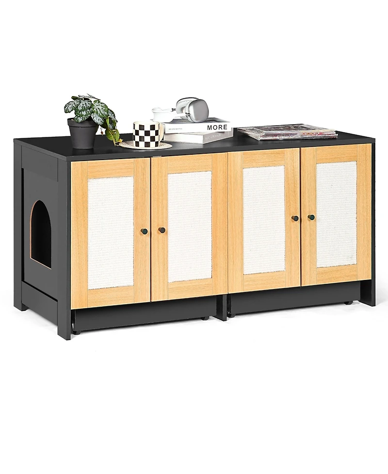 Cozito double cat litter box enclosure with rattan doors and pull out tray