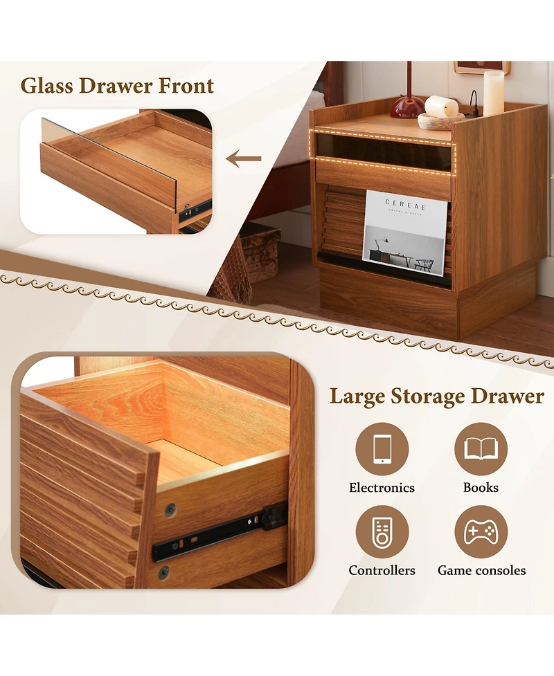 Rainsken Wooden Nightstand with Charging Station and Led lights, Mid Century Modern Bedside Table with 2 Drawers for Bedroom and Living Room (Yellow)