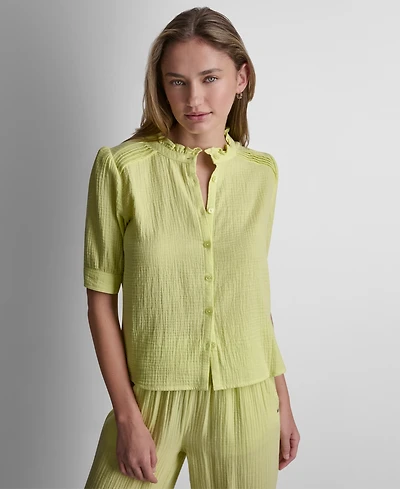 Dkny Jeans Petite Short Puff-Sleeve Button-Front Shirt