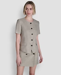 Dkny Women's Windowpane Short-Sleeve Crew Neck Structured Top