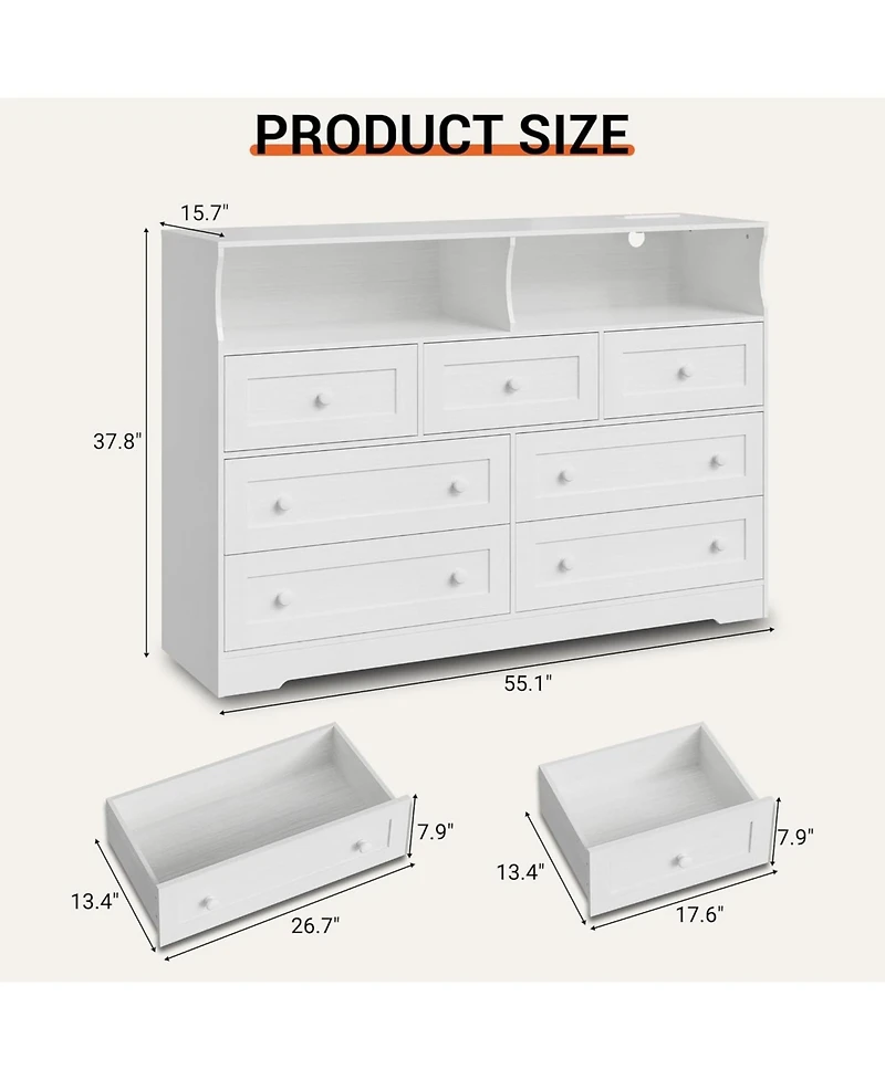 Gaomon 7 Drawer Wooden Dresser with Led Lights, Charging Station & 2 Open Compartments, Freestanding Bedroom Storage Organizer